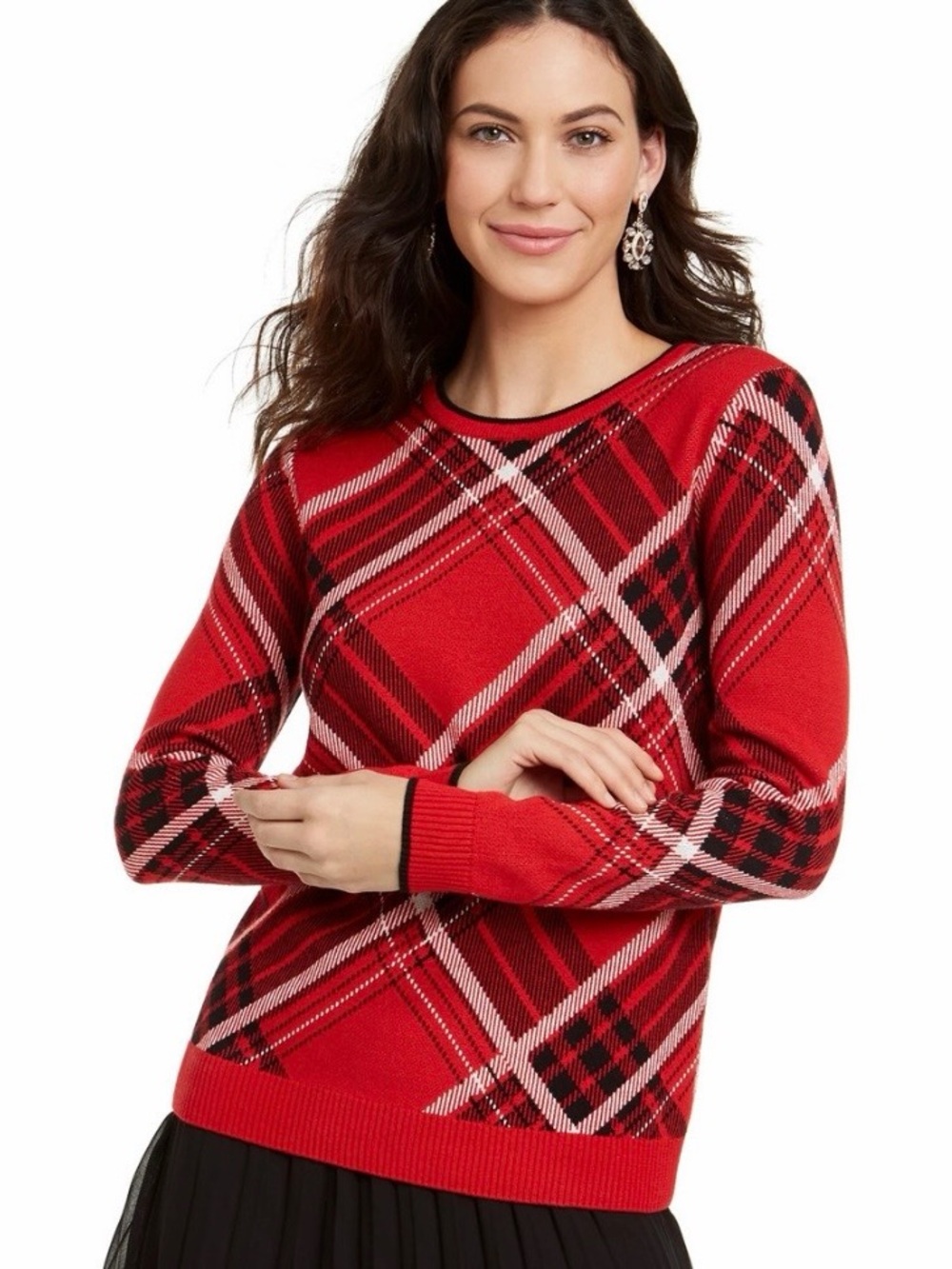 Charter Club Red Plaid Crewneck Sweater with Black & Pink Accents